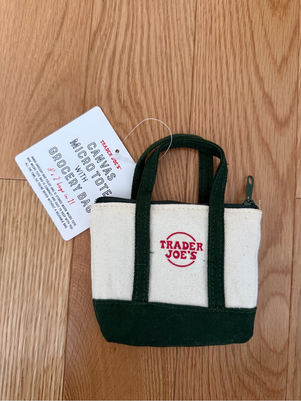 Trader Joe’s Canvas MicroTote with grocery bag in Cream and Dark Green